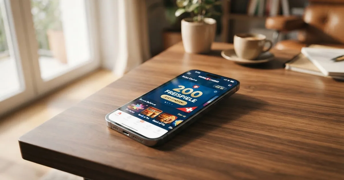Ein Smartphone mit geöffneter Schweizer Casino-App und sichtbarem Freispiel-Angebot auf dem Bildschirm
