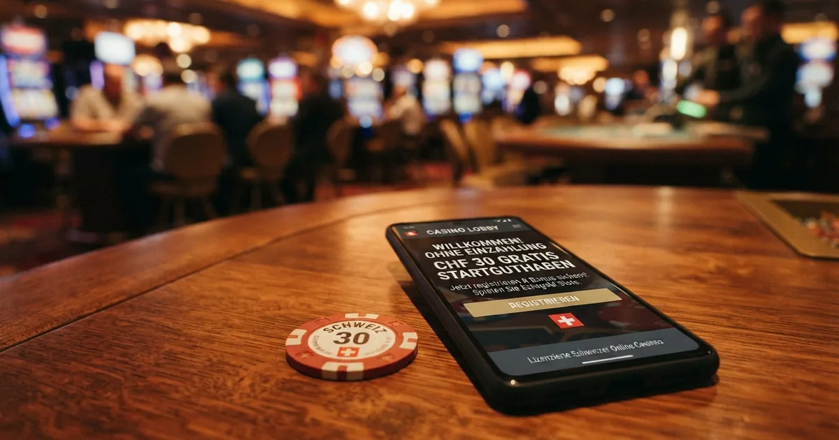 Ein 30-Franken-Schein als Schweizer Bonus-Guthaben auf einem Casino-Tisch