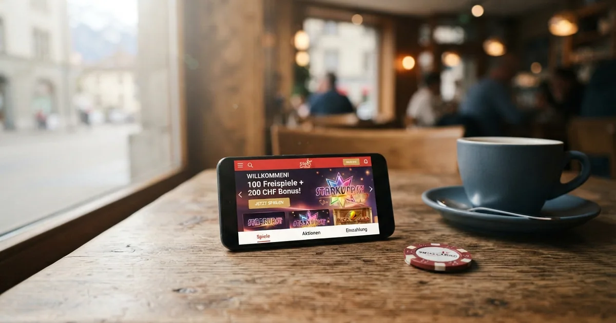 Smartphone mit geöffneter Schweizer Online-Casino-Seite, die 30 Freispiele ohne Einzahlung bewirbt
