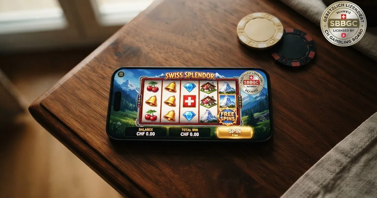Bildschirm eines Smartphones mit der Startseite eines Schweizer Online-Casinos und dem Hinweis auf Freispiele, daneben das ESBK-Logo
