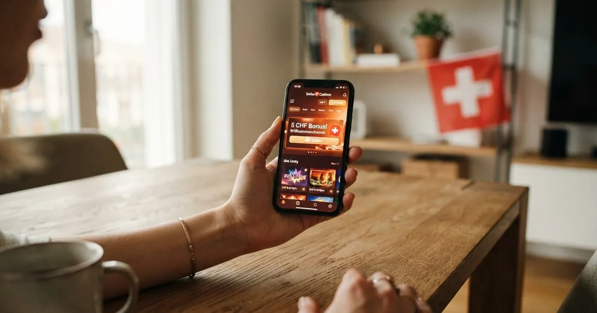 Fuenf-Franken-Muenze auf einem Smartphone-Bildschirm mit geoeffneter Online-Casino-Lobby, im Hintergrund dezente Schweizer Flagge