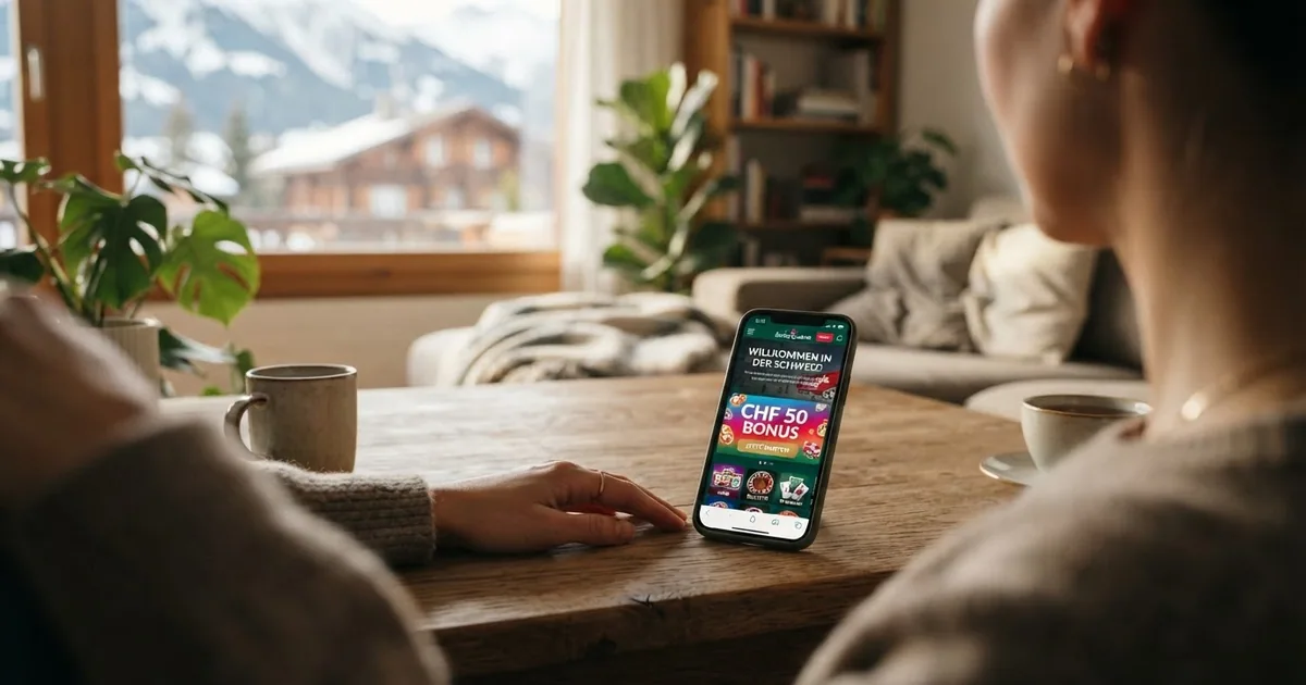 Schweizer Online-Casino-Startseite auf einem Bildschirm mit sichtbarem Bonus-Banner und Franken-Währung