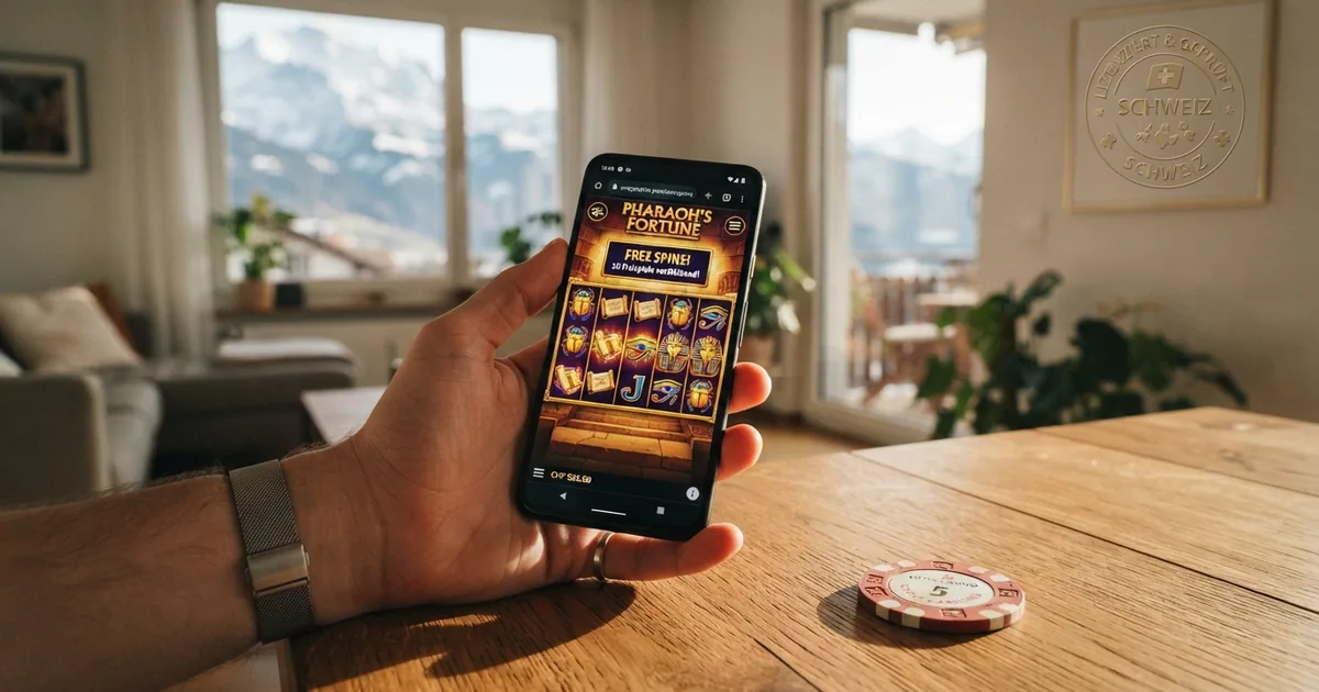Eine Collage aus Schweizer Online-Casino-Logos vor einer Schweizer Flagge oder Alpenkulisse, mit dem Schriftzug «Freispiele ohne Einzahlung»