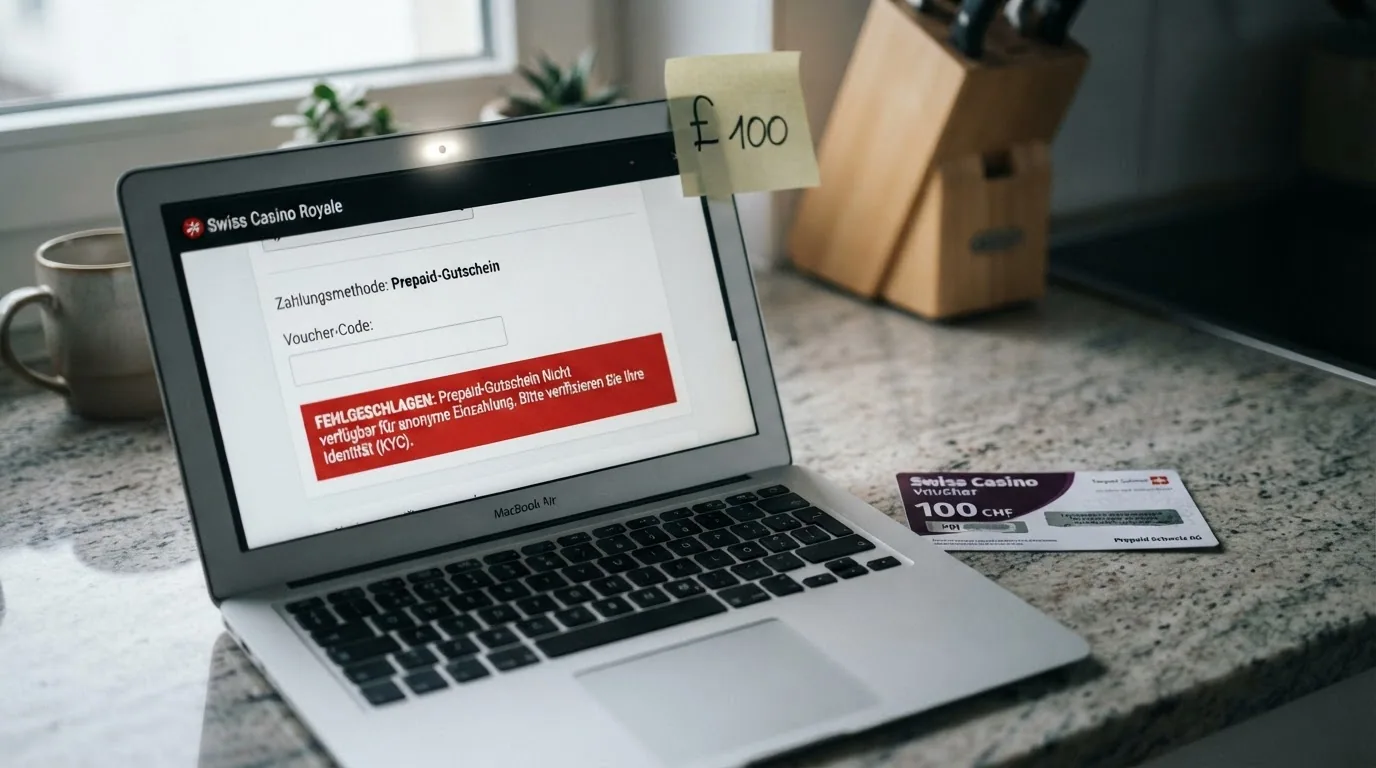 Eine Amazon-Geschenkkarte liegt neben einem geöffneten Laptop, auf dessen Bildschirm eine Casino-Seite mit einem roten «Nicht verfügbar»-Hinweis zu sehen ist