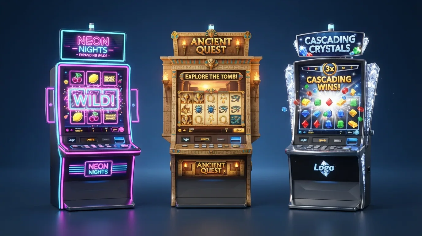 Drei nebeneinander angeordnete Slot-Walzen mit den Logos von Starburst, Book of Dead und Gonzo's Quest