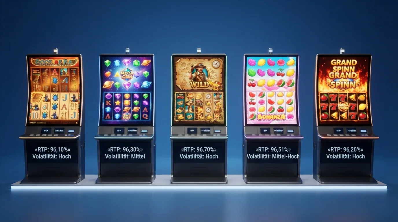 Fünf Spielautomaten-Bildschirme nebeneinander: Rich Wilde, Book of Ra Deluxe, Starburst, Book of Dead, Sweet Bonanza