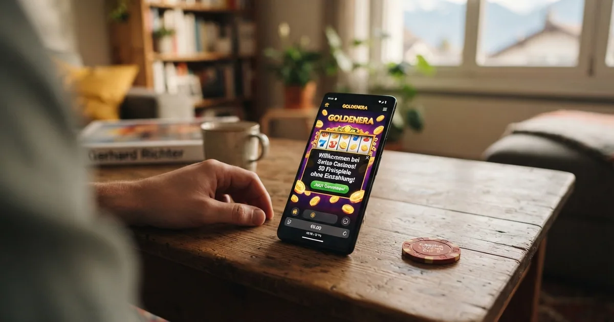 Startseite eines Schweizer Online-Casinos mit Anmeldebildschirm und Hinweis auf einen Bonus ohne Einzahlung