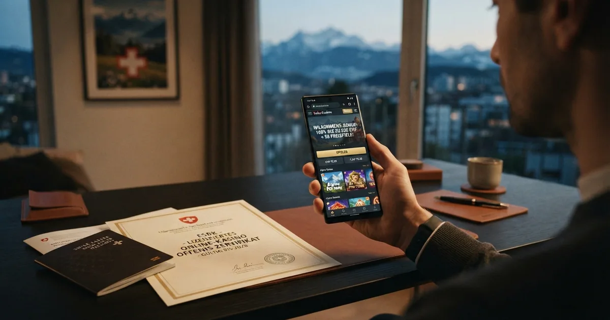 Eine geöffnete Lizenzurkunde der ESBK liegt neben einem Smartphone mit einer Casino-Willkommensbonus-Seite und einem Schweizer Pass.