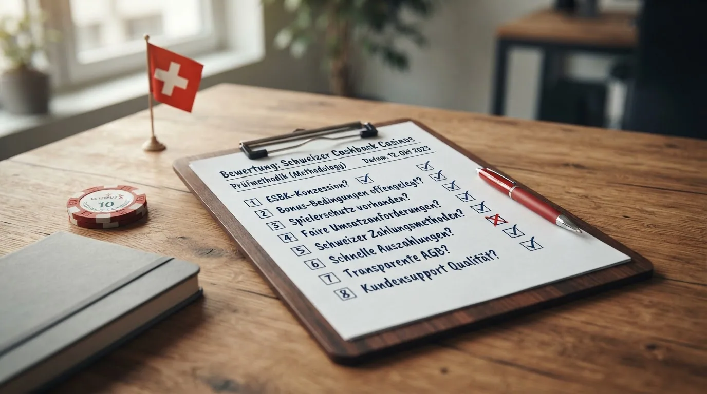 Eine strukturierte Checkliste auf einem Klemmbrett: «ESBK-Konzession?», «Bonus-Bedingungen offengelegt?», «Spielerschutz vorhanden?» — mit Häkchen und Kreuzchen