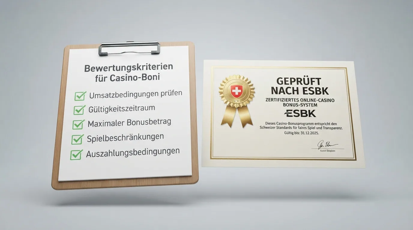 Ein Klemmbrett mit einer Checkliste: fünf Kriterien mit Häkchen, daneben das ESBK-Register als Quellenangabe.