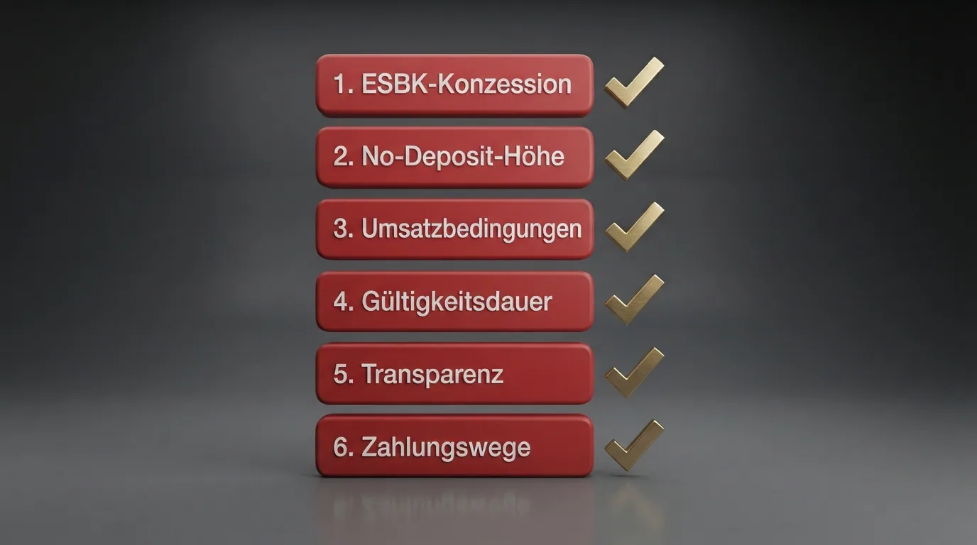 Eine Checklisten-artige Darstellung der Bewertungskriterien: ESBK-Konzession, No-Deposit-Höhe, Umsatzbedingungen, Gültigkeitsdauer, Transparenz, Zahlungswege — jedes mit einem Häkchen-Symbol