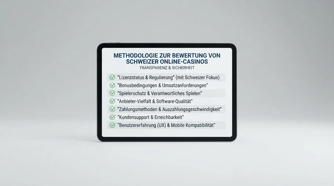 Schreibtischansicht mit Notizen, einer geöffneten ESBK-Registerseite auf dem Bildschirm und einer Checkliste mit Bewertungskriterien für Online-Casinos