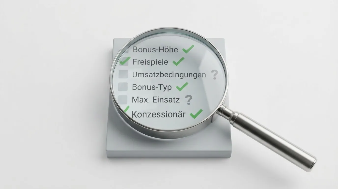 Eine Checkliste mit Lupensymbol: Bonus-Höhe, Freispiele, Umsatzbedingungen, Bonus-Typ, max. Einsatz, Konzessionär — jedes Kriterium mit einem Haken oder Fragezeichen.