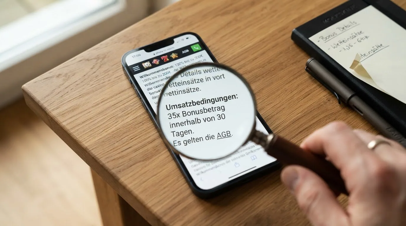 Eine Lupe über dem Kleingedruckten eines Casino-Bonus auf dem Handy-Bildschirm