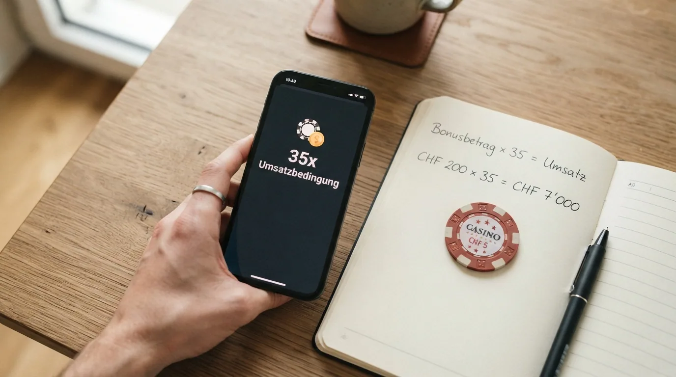 Rechenbeispiel für einen Casino-Willkommensbonus mit Umsatzbedingungen und Zeitstrahl