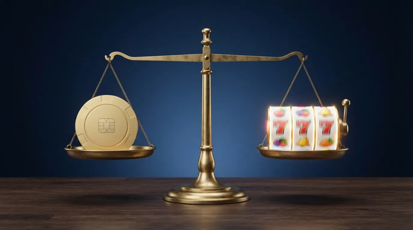 Eine Waage mit Bonus-Buy-Symbolen auf beiden Seiten: links ein durchgestrichener Geldschein (Risiko), rechts eine Freispiel-Runde (Erlebnis)