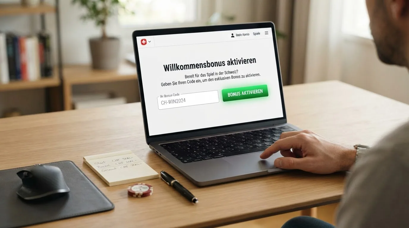 Ein leeres Bonuscode-Eingabefeld auf einer Casino-Webseite, daneben ein farbig hervorgehobener «Bonus aktivieren»-Button mit Klick-Symbol