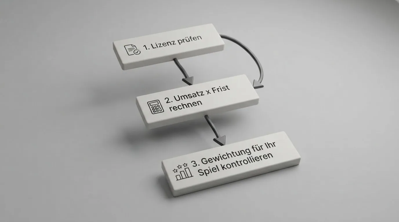 Ein Entscheidungsbaum-Diagramm in drei Stufen: «1. Lizenz prüfen → 2. Umsatz x Frist rechnen → 3. Gewichtung für Ihr Spiel kontrollieren» mit einem grünen Haken am Ende
