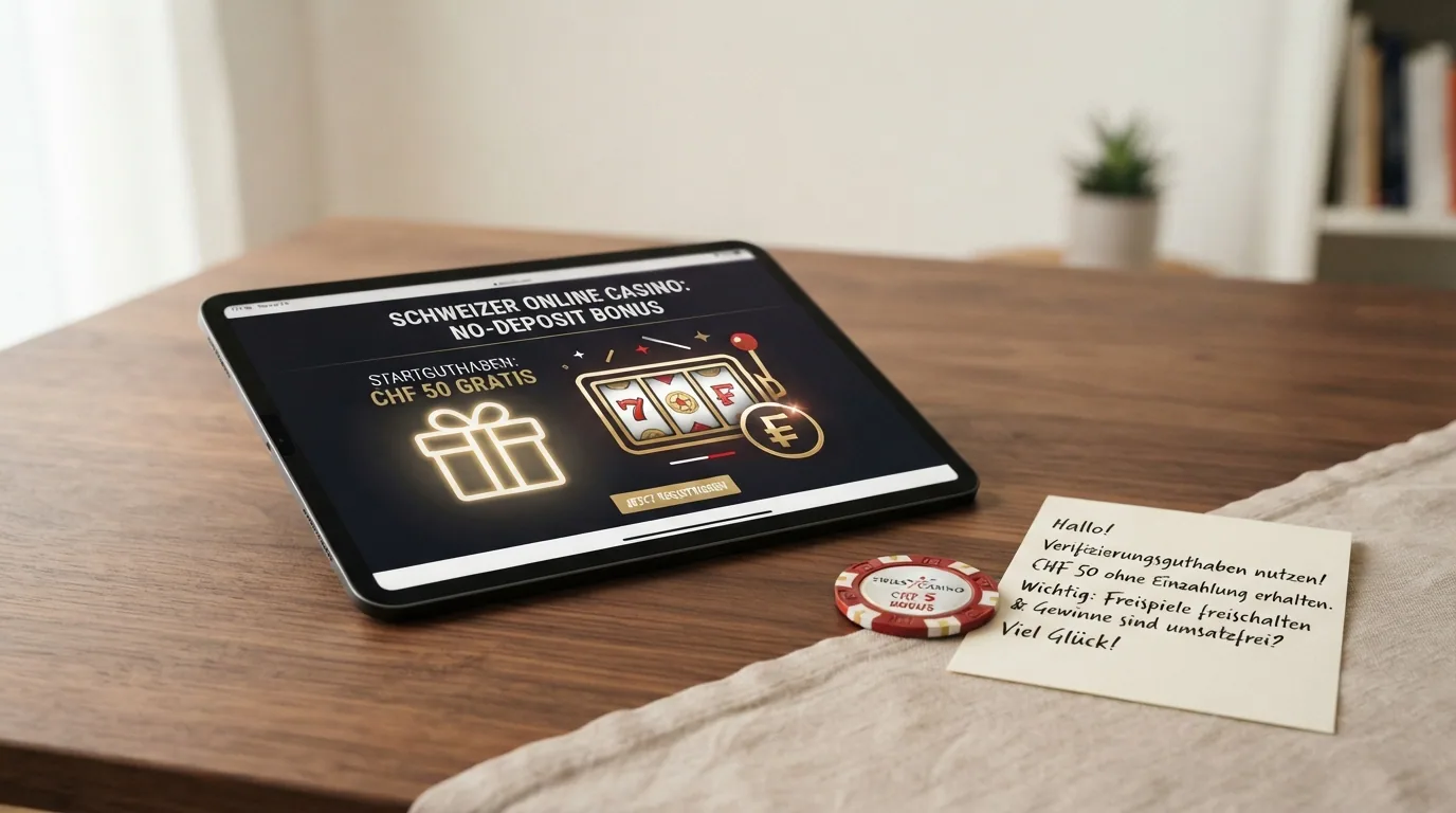 Grafische Darstellung verschiedener Bonus-Typen: ein Geschenk-Symbol für Verifizierungsguthaben, ein Slot-Symbol für Freispiele, mit Schweizer Franken-Währungssymbol