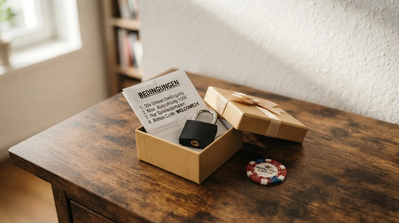 Grafische Darstellung: Ein Geschenkpaket, aus dem ein Vorhängeschloss und eine Bedingungsliste herausragen – Symbol für den No-Deposit-Bonus mit Auflagen