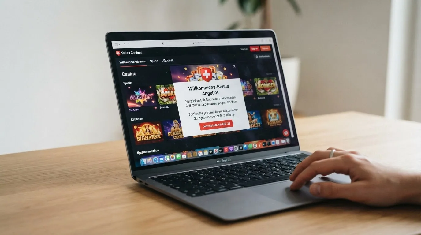 Bildschirm eines Schweizer Online-Casinos mit hervorgehobenem «Bonusguthaben CHF 20»-Feld und Verifizierungshinweis