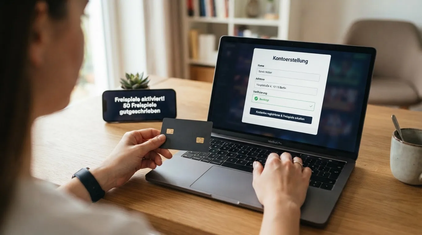 Ein dreistufiges Schema: Registrierungsformular, dann Identitätsnachweis mit Ausweis-Symbol, dann ein Smartphone mit der Meldung «Freispiele aktiviert».