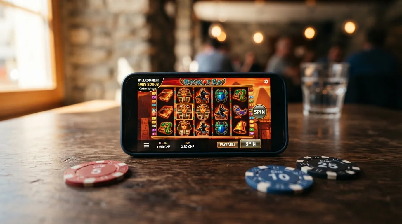 Drei Slot-Symbole (Buch, Pharao, Glocke) mit Prozentangaben darunter: 96,21%, 94,25%, 84,25%.