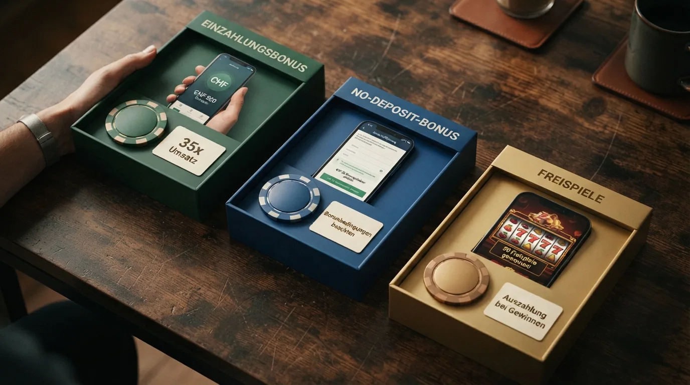 Drei farblich getrennte Boxen mit den Bonus-Arten Einzahlungsbonus, No-Deposit-Bonus und Freispiele, jeweils mit Schlüsselbegriffen zu den Bedingungen