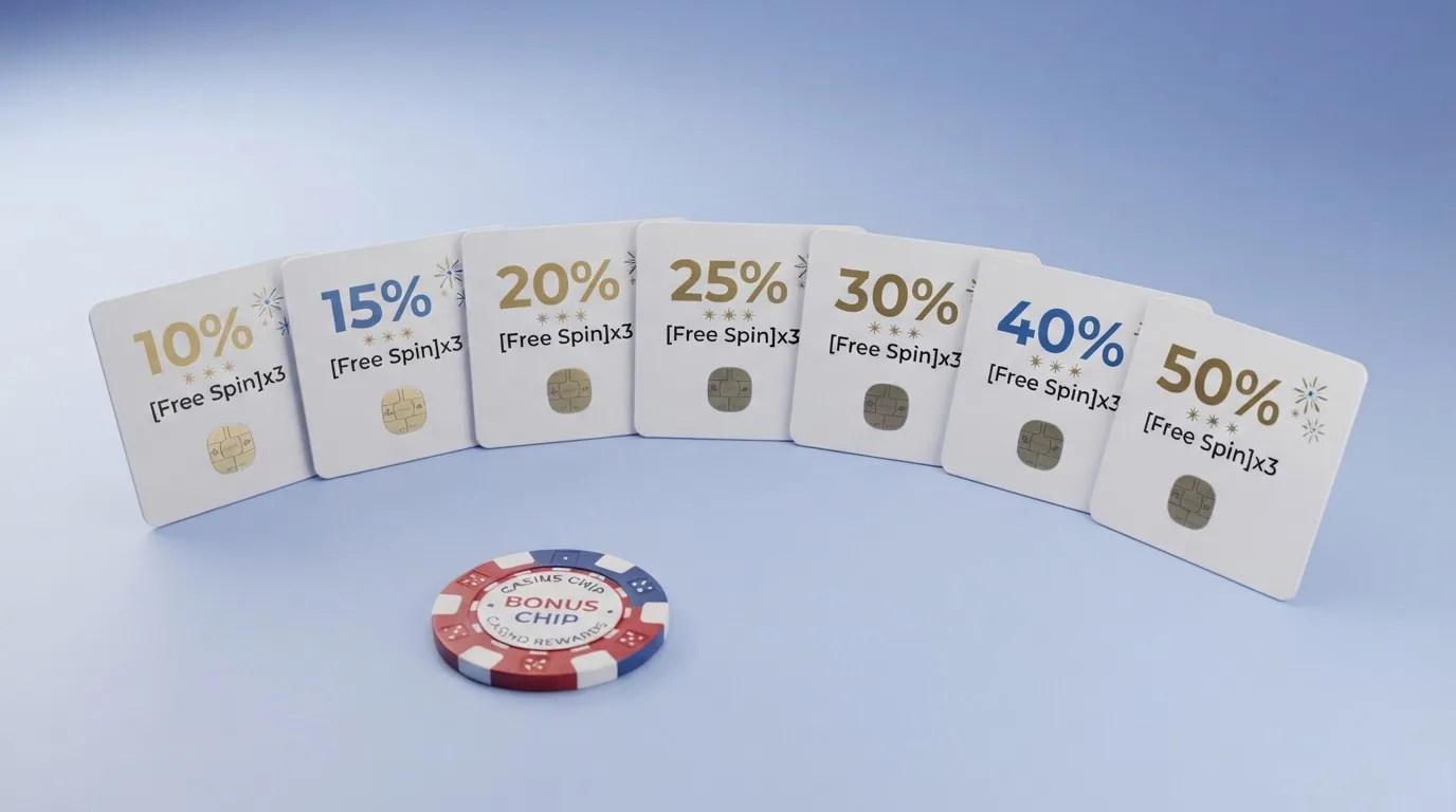 Übersicht verschiedener Bonus-Typen als Karten mit Prozentangaben und Freispiel-Symbolen
