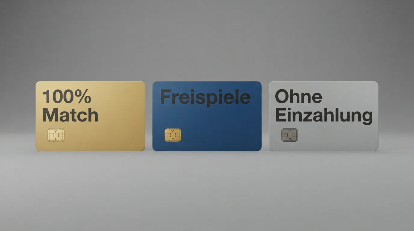 Drei nebeneinander liegende Karten: «100% Match», «Freispiele», «No-Deposit» — die No-Deposit-Karte ist blasser, die Match-Karte leuchtet.