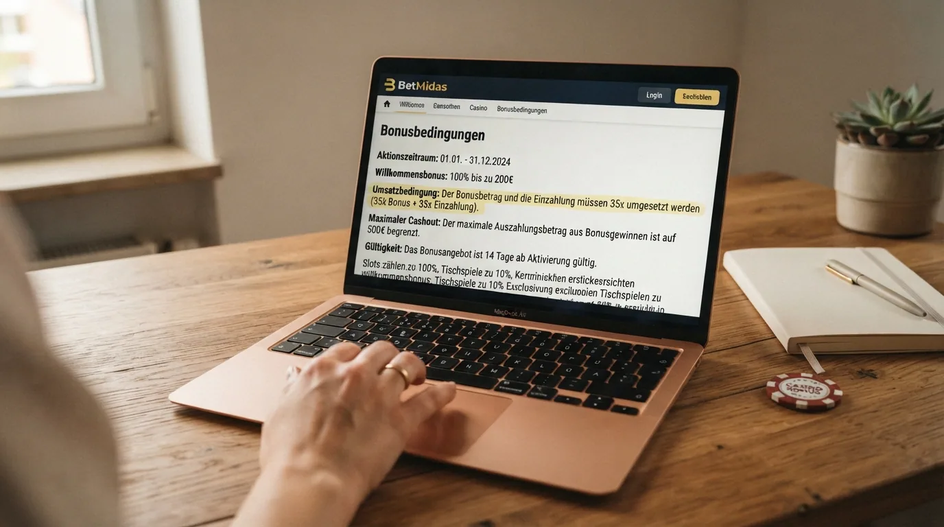 Eine Nahaufnahme von Bonusbedingungen auf einem Bildschirm — die Felder «Umsatzbedingung», «Maximaler Cashout» und «Gültigkeit» sind mit Marker hervorgehoben
