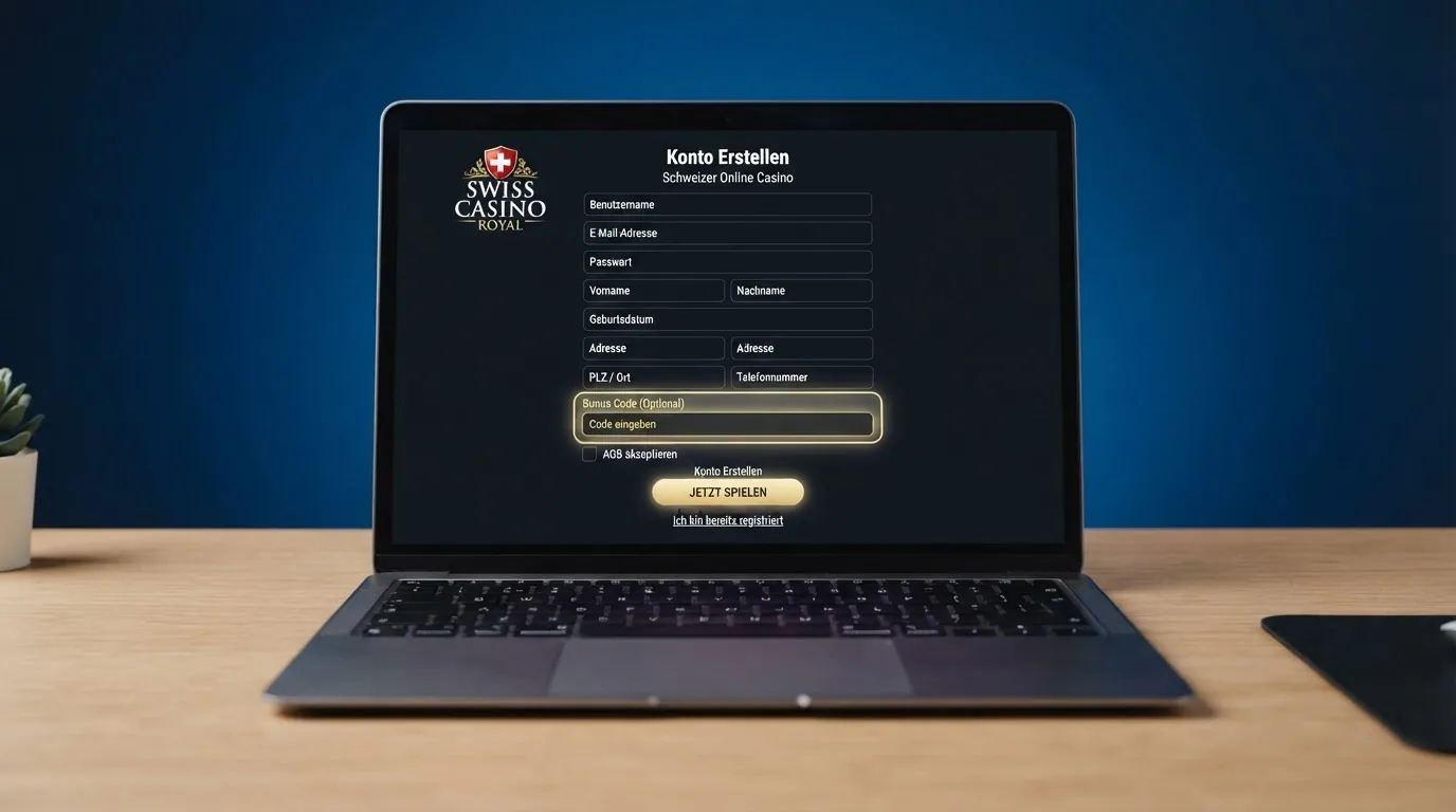 Registrierungsformular eines Online-Casinos mit hervorgehobenem Bonuscode-Eingabefeld