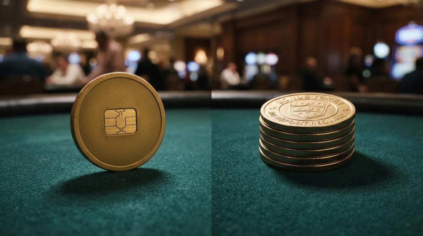 Gegenüberstellung: CHF-20-Guthaben-Symbol links und Stapel goldener Freispiel-Münzen rechts