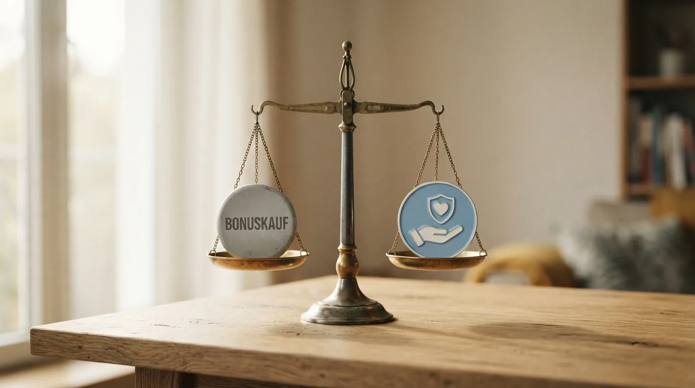 Eine Waage: Auf der einen Seite ein Bonuskauf-Button, auf der anderen Seite ein Spielerschutz-Symbol mit Notrufnummer