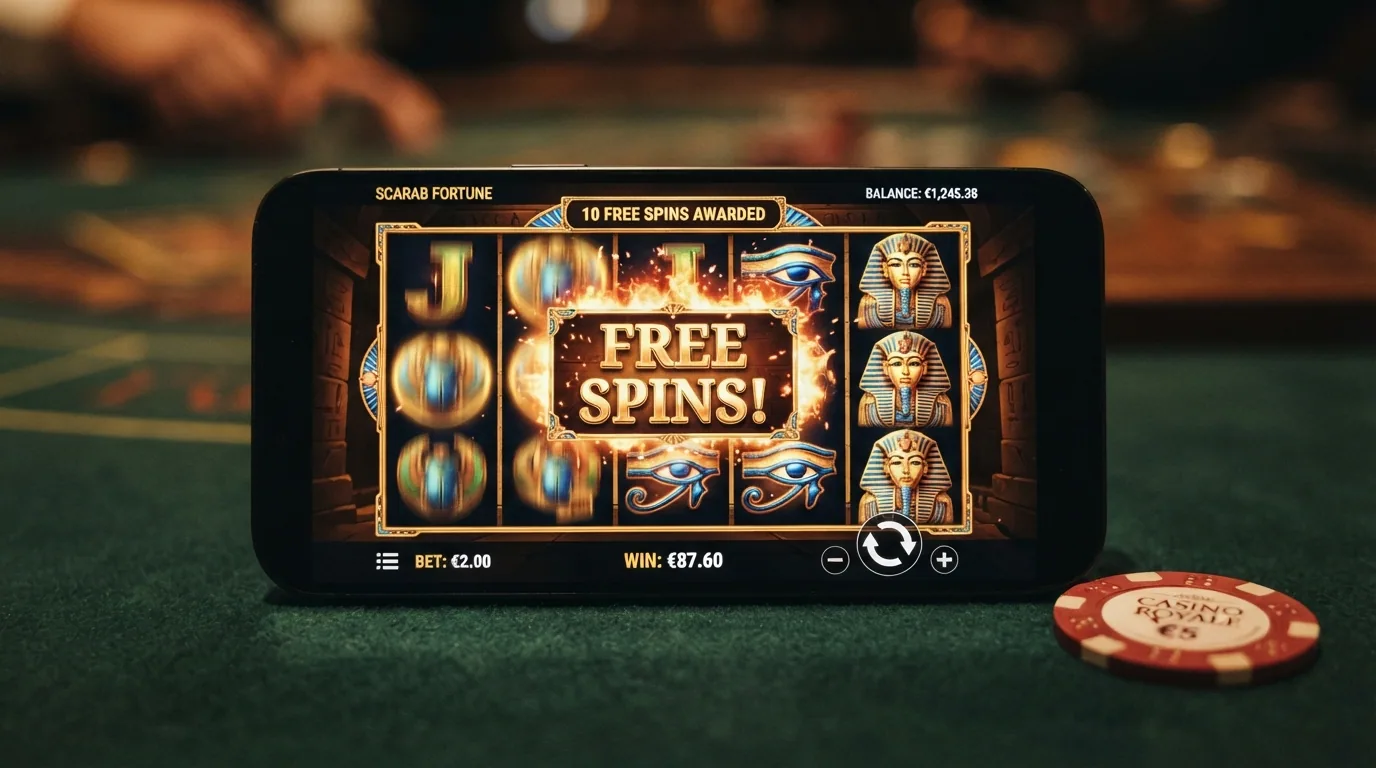Der Spielbildschirm von Book of Dead mit den Walzen und der «Free Spins»-Auslösung im Vordergrund