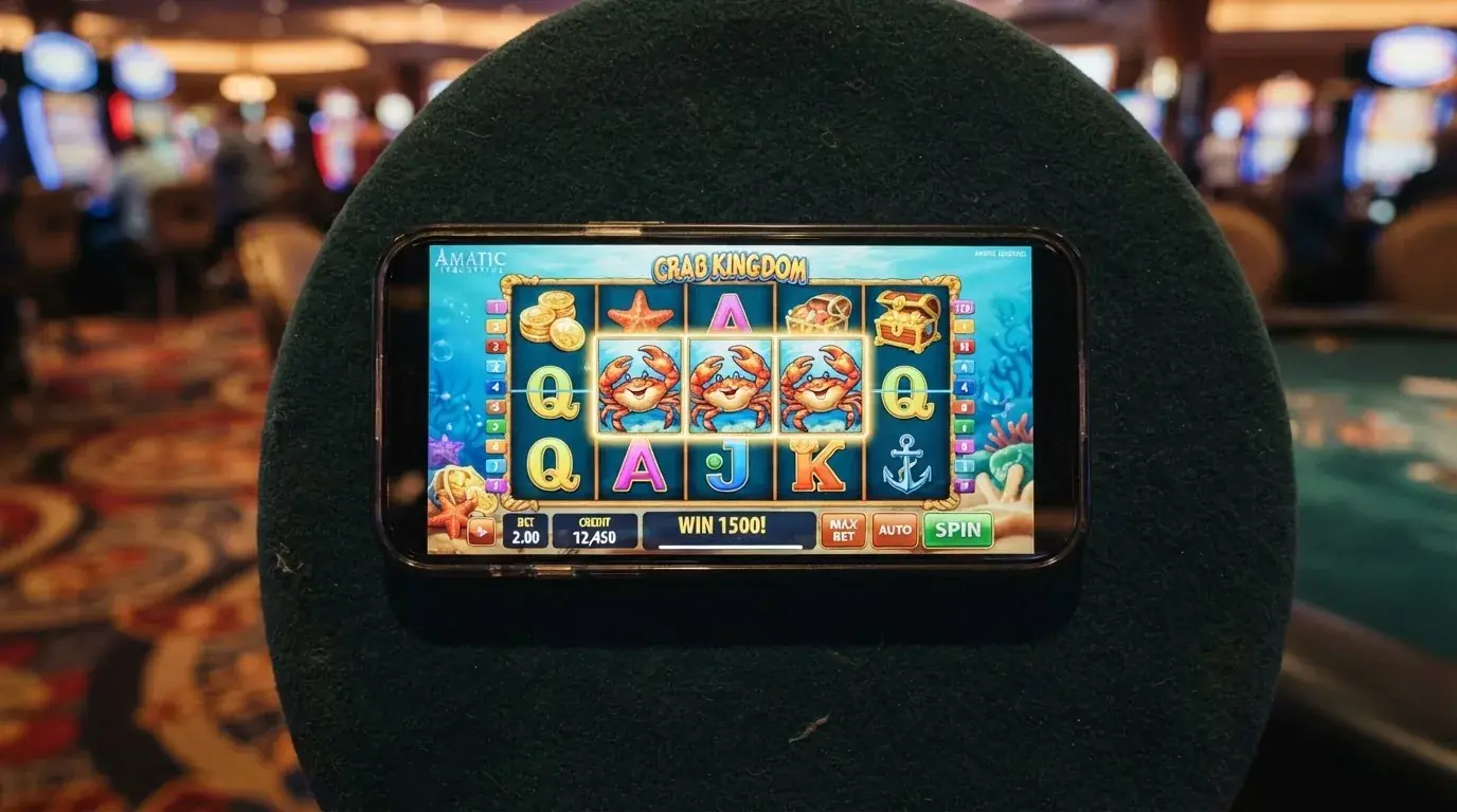 Screenshot des Spielautomaten Cash & Crab von Amatic mit Krabben-Symbolen auf den Walzen