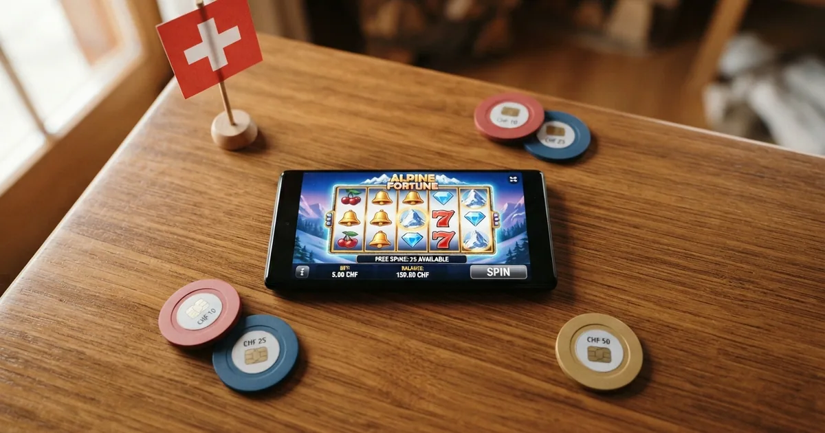 Eine Übersicht von Casino-Chips und einem Smartphone mit geöffneter Casino-App und der Anzeige «Freispiele ohne Einzahlung» auf dem Bildschirm vor Schweizer Flaggen-Hintergrund.