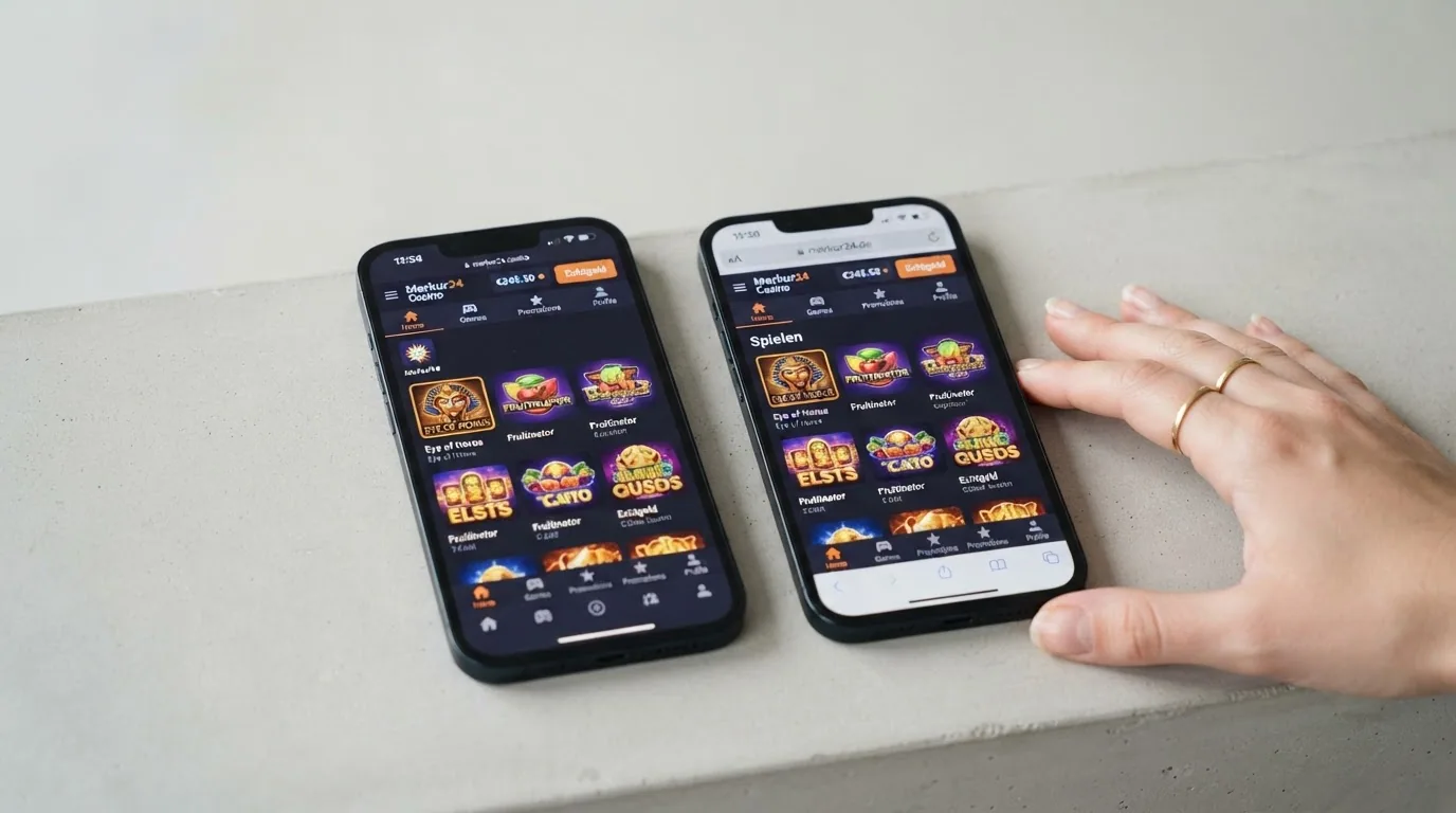 Zwei Smartphones nebeneinander: eines mit Casino-App-Icon, eines mit geöffnetem mobilen Browser