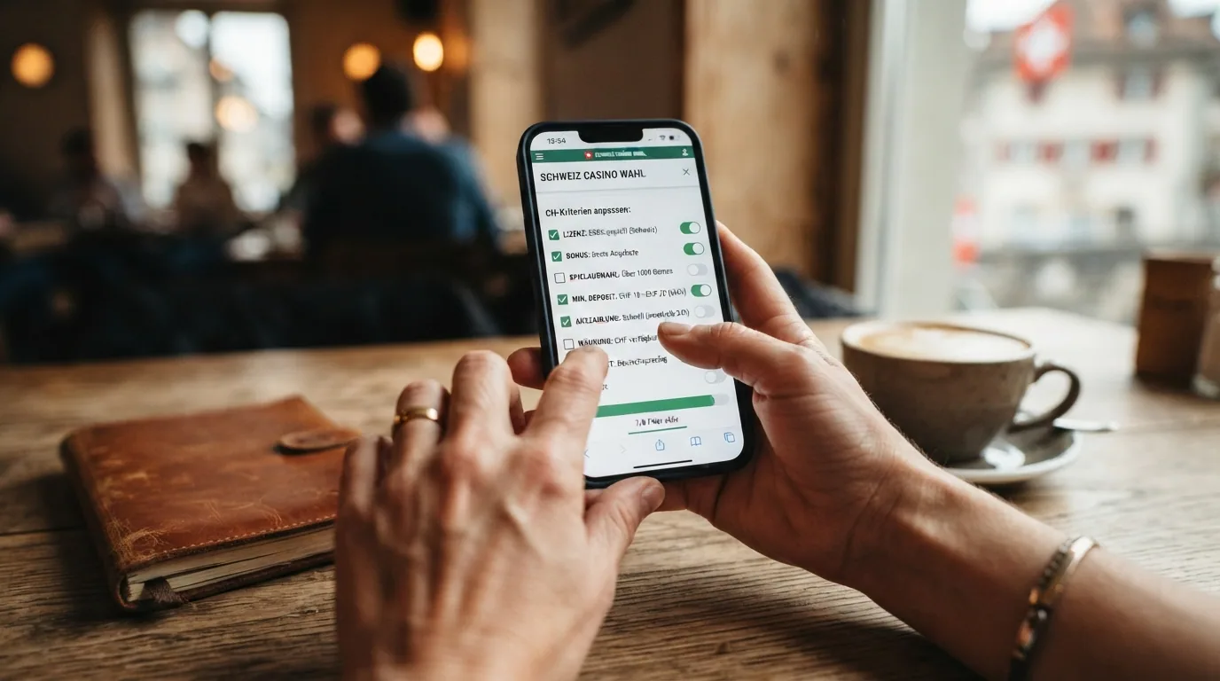 Hand haelt ein Smartphone mit geoeffneter Casino-Vergleichsseite, darauf Filteroptionen fuer Bonus und Mindesteinzahlung sichtbar