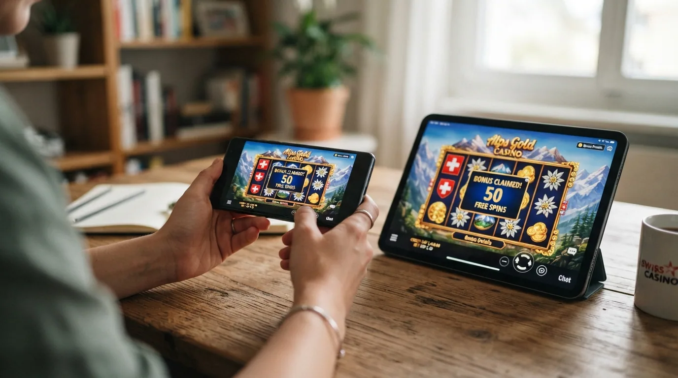 Ein Smartphone in der Hand zeigt eine Casino-App mit Bonus-Begrüssungsbildschirm, daneben liegt ein Tablet mit derselben Ansicht im Querformat