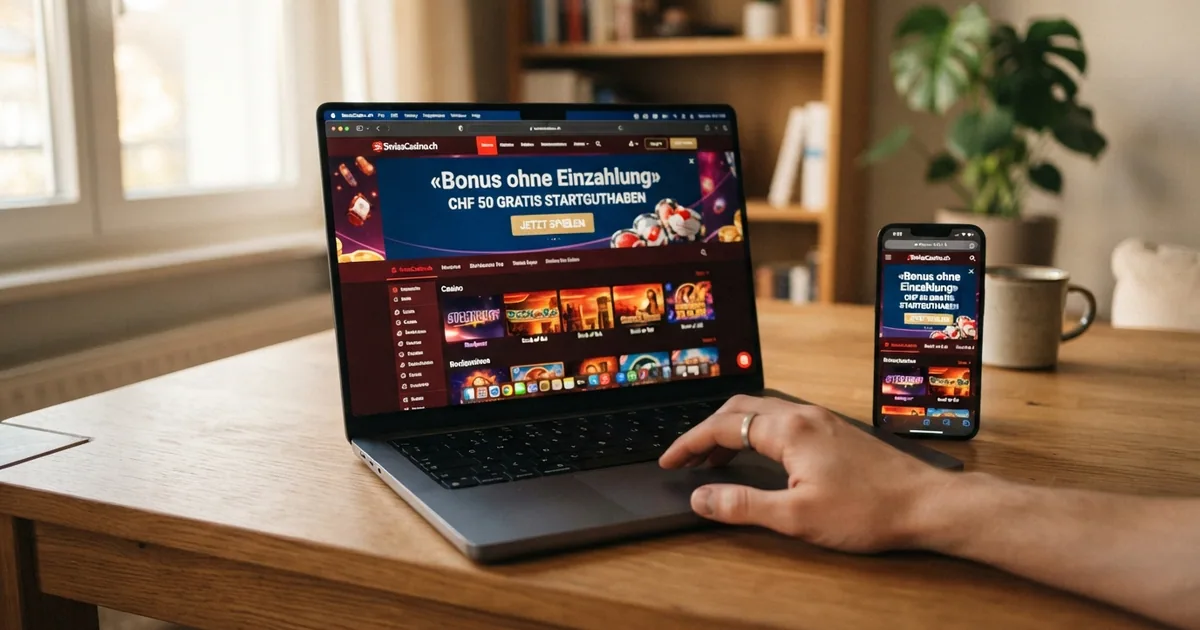 Ein Smartphone und ein Laptop zeigen Schweizer Online-Casino-Startseiten mit einem hervorgehobenen «Bonus ohne Einzahlung»-Banner in Schweizer Franken
