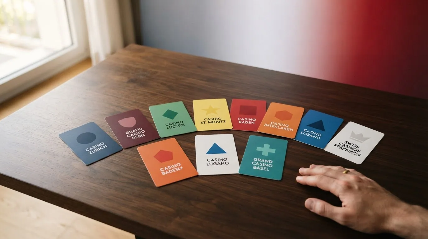 Eine bildschirmfüllende Übersicht von Casino-Logos lizenzierter Schweizer Anbieter, unterlegt mit einer schweizerischen Farbpalette