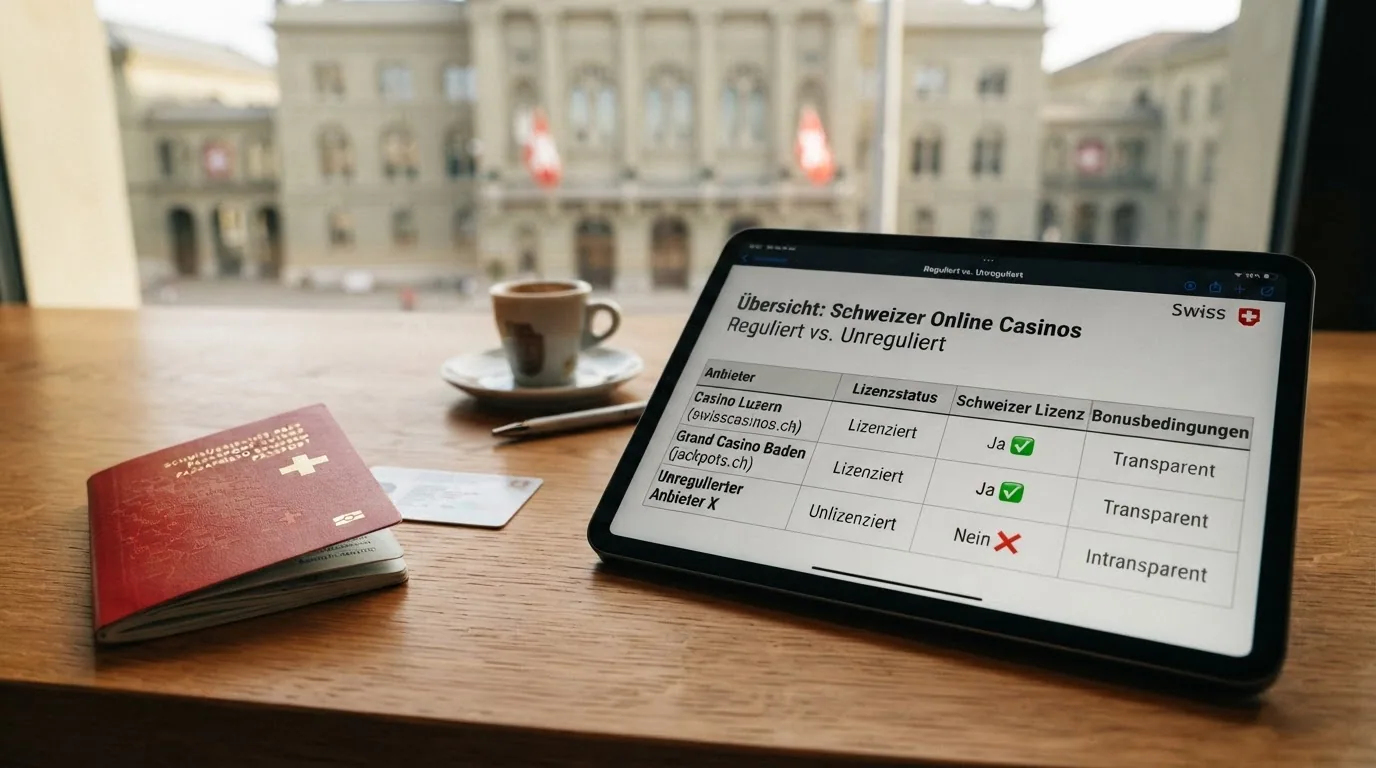 Zwei nebeneinanderliegende Schweizer Pässe, dazwischen ein Tablet mit einer Bonus-Vergleichstabelle, im Hintergrund das Bundeshaus