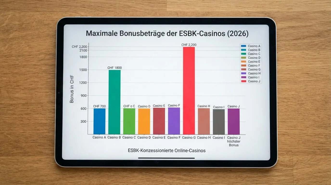 Vergleichstabelle mit den zehn Schweizer Online-Casinos und ihren Bonus-Beträgen