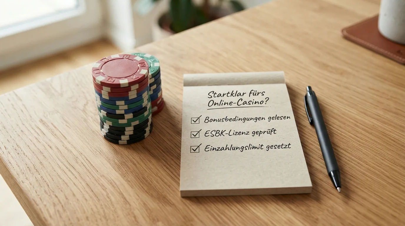 Schweizer Franken als ordentlicher Münzstapel, daneben eine Checkliste mit drei Häkchen: «Bonusbedingungen gelesen», «ESBK-Lizenz geprüft», «Einzahlungslimit gesetzt»