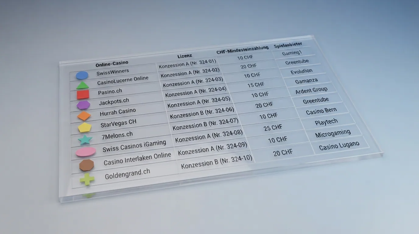 Übersichtstabelle mit Casino-Logos und den nebeneinander gestellten Kernmerkmalen Lizenz, Mindesteinzahlung und Spielanbieter