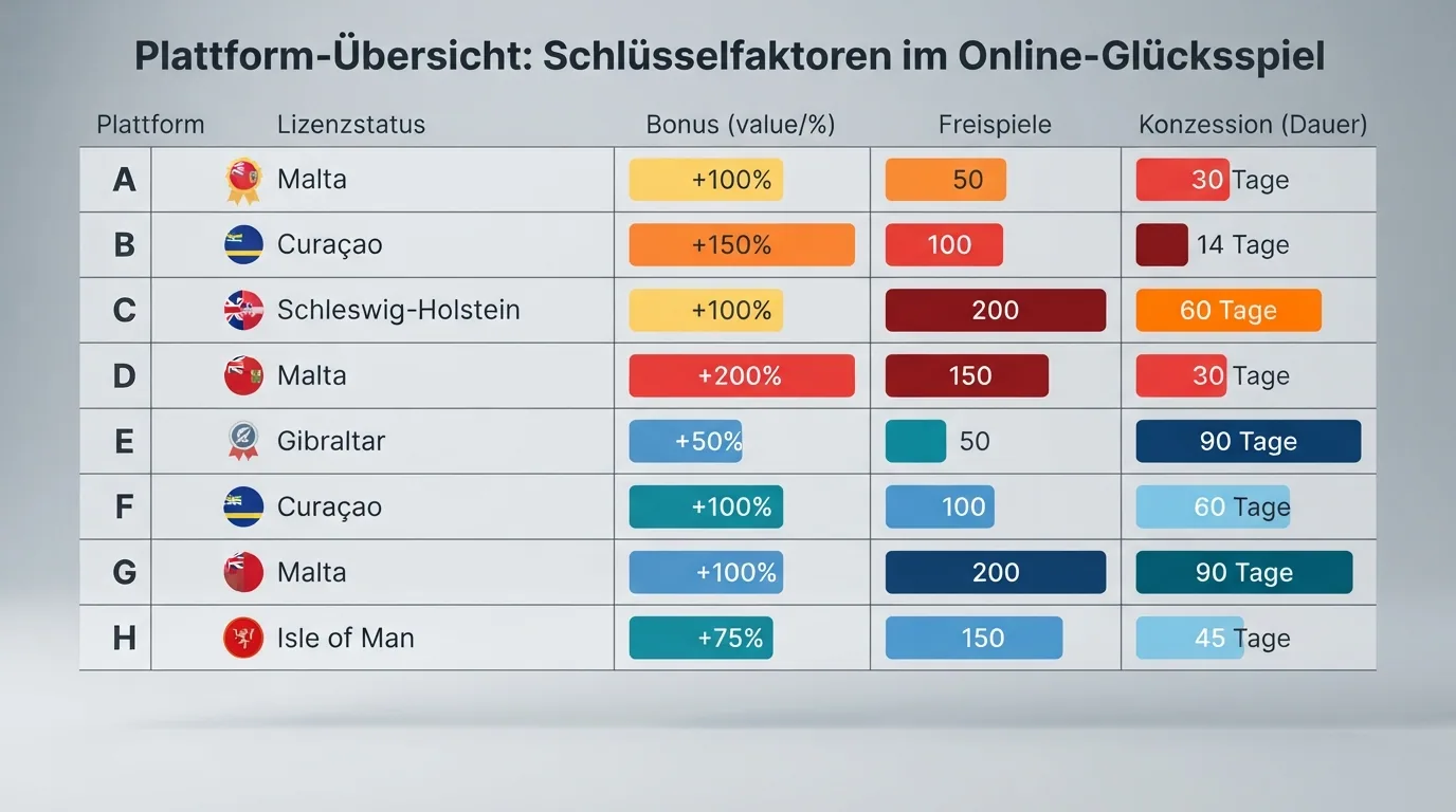 Eine Übersichtstabelle mit Logos der geprüften Casinos, getrennt in zwei Spalten: «CH-lizenziert» und «Ohne CH-Lizenz»