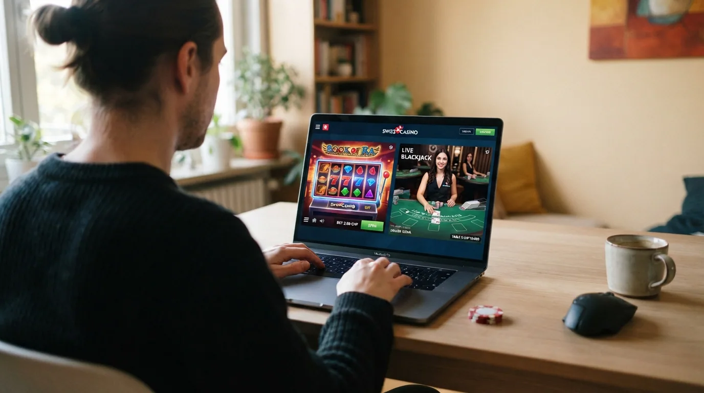 Collage der Startseiten oder Lobby-Ansichten mehrerer lizenzierter Schweizer Online-Casinos