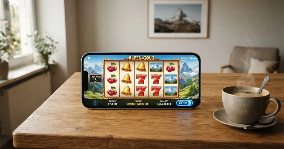 Eine Schweizer Online-Casino-Oberfläche mit geöffnetem Spielautomaten im Demo-Modus, Spielgeld-Guthaben sichtbar