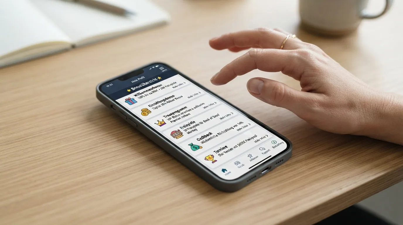 Eine Übersichtstabelle auf einem Smartphone-Bildschirm mit Logos und Bonus-Daten der geprüften Casinos